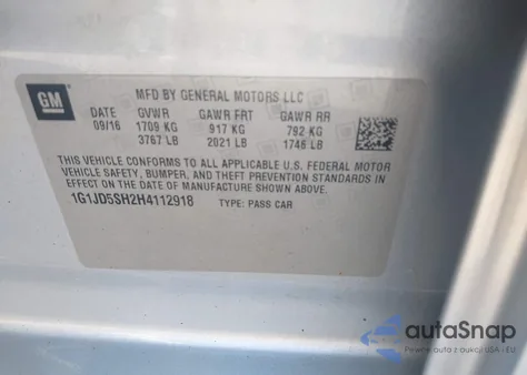 2017 Chevrolet Sonic Lt Auto from USA, damaged, VIN 1G1JD5SH2H4112918